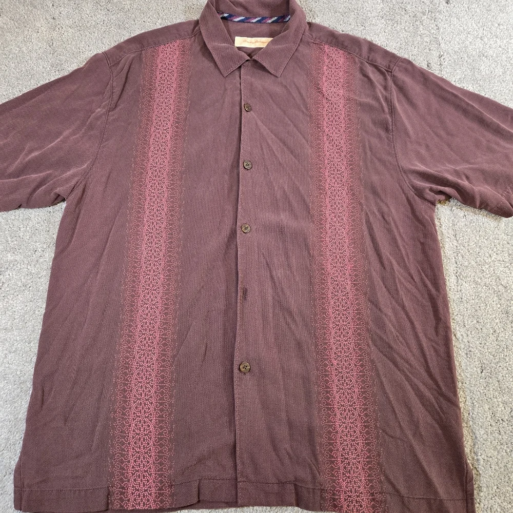 Tommy‎ Bahama Men's Silk Casual Wine Red Striped Shirt Sleeve Shirt Size Large